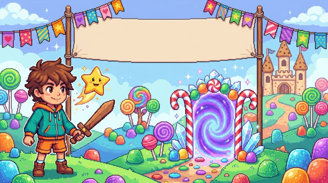 Pixel Arcade sample: a child hero and a star sidekick at the entrance to a candy world, with a birthday banner overhead